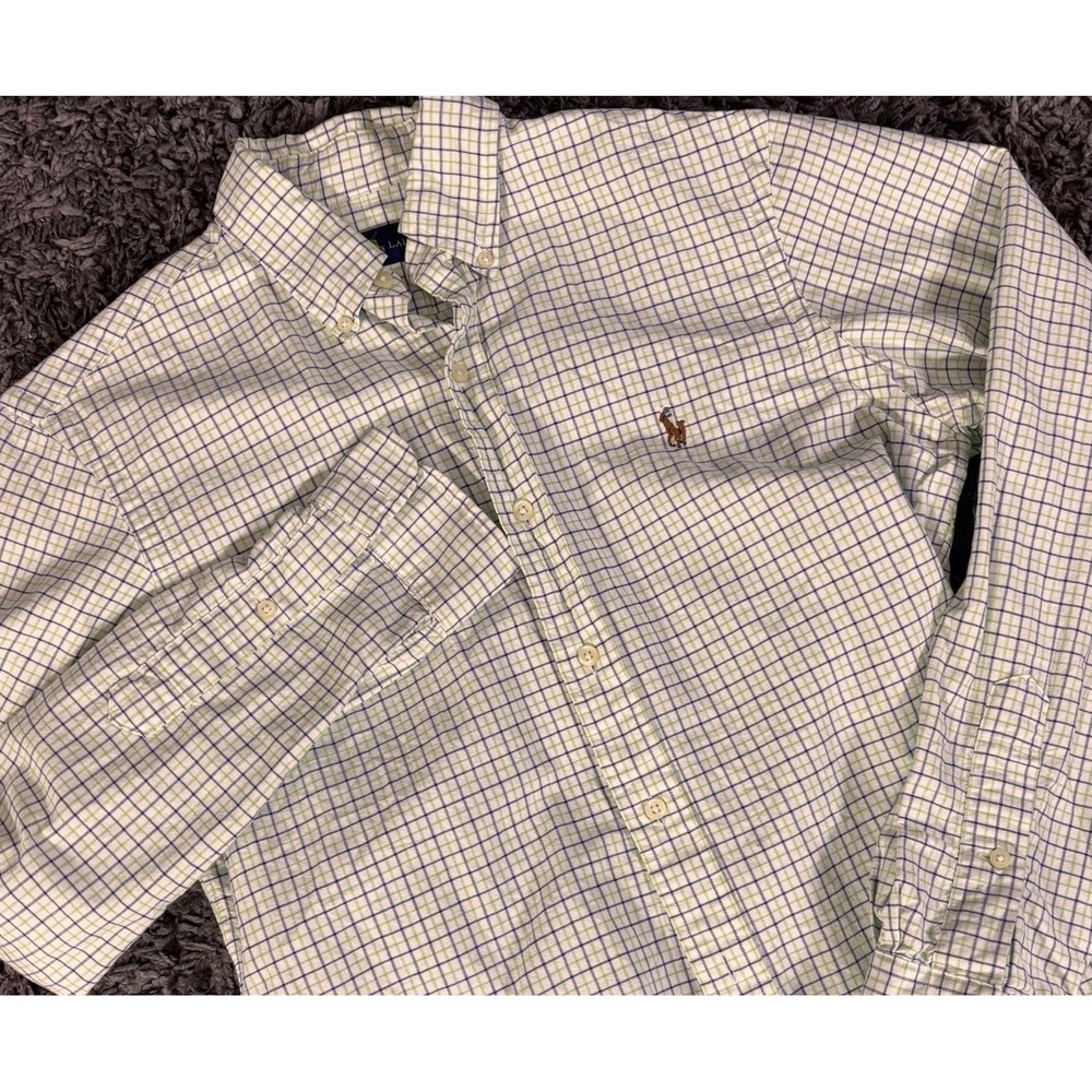 Ralph Lauren dress shirt Oxford button down Preppy plaid Mens S White Green